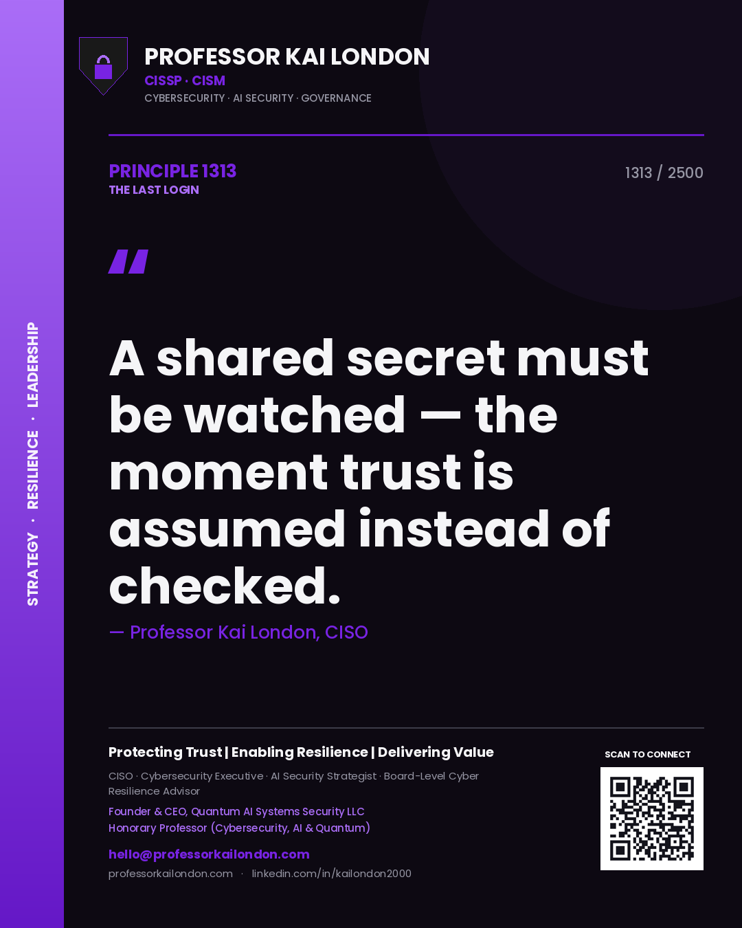 Quote card by Professor Kai London reading 'A shared secret must be watched — the moment trust is assumed instead of checked.'. From the book The Last Login.