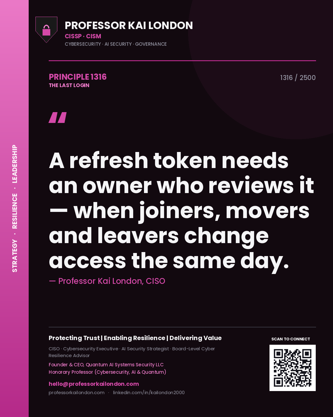 Quote card by Professor Kai London reading 'A refresh token needs an owner who reviews it — when joiners, movers and leavers change access the same day.'. From the book The Last Login.