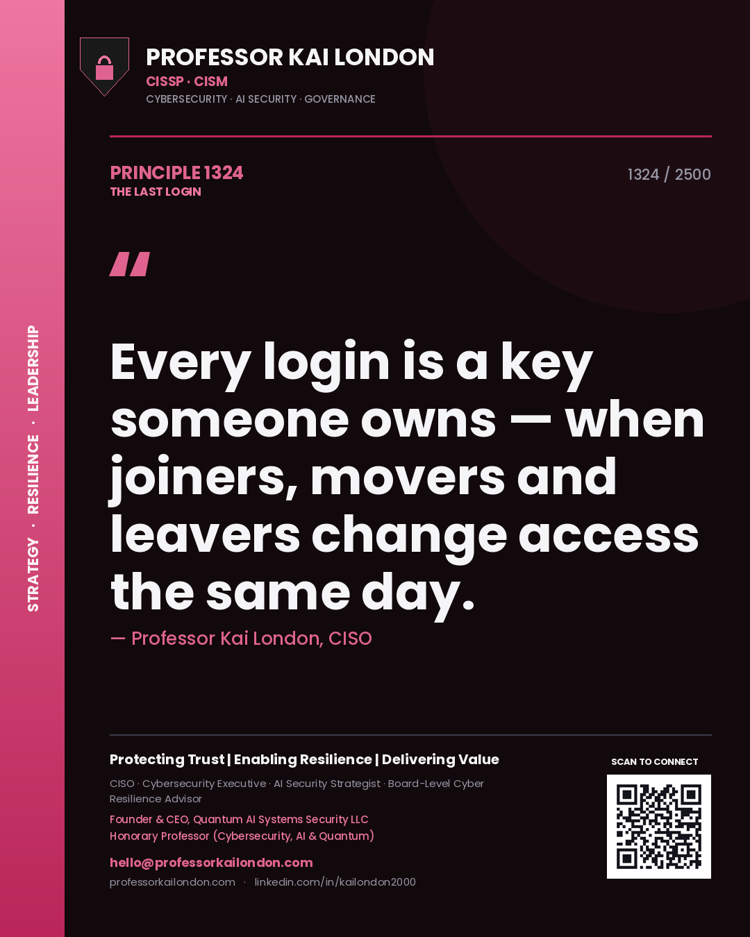 Professor Kai London principle 1324: Every login is a key someone owns — when joiners, movers and leavers change access the same day.