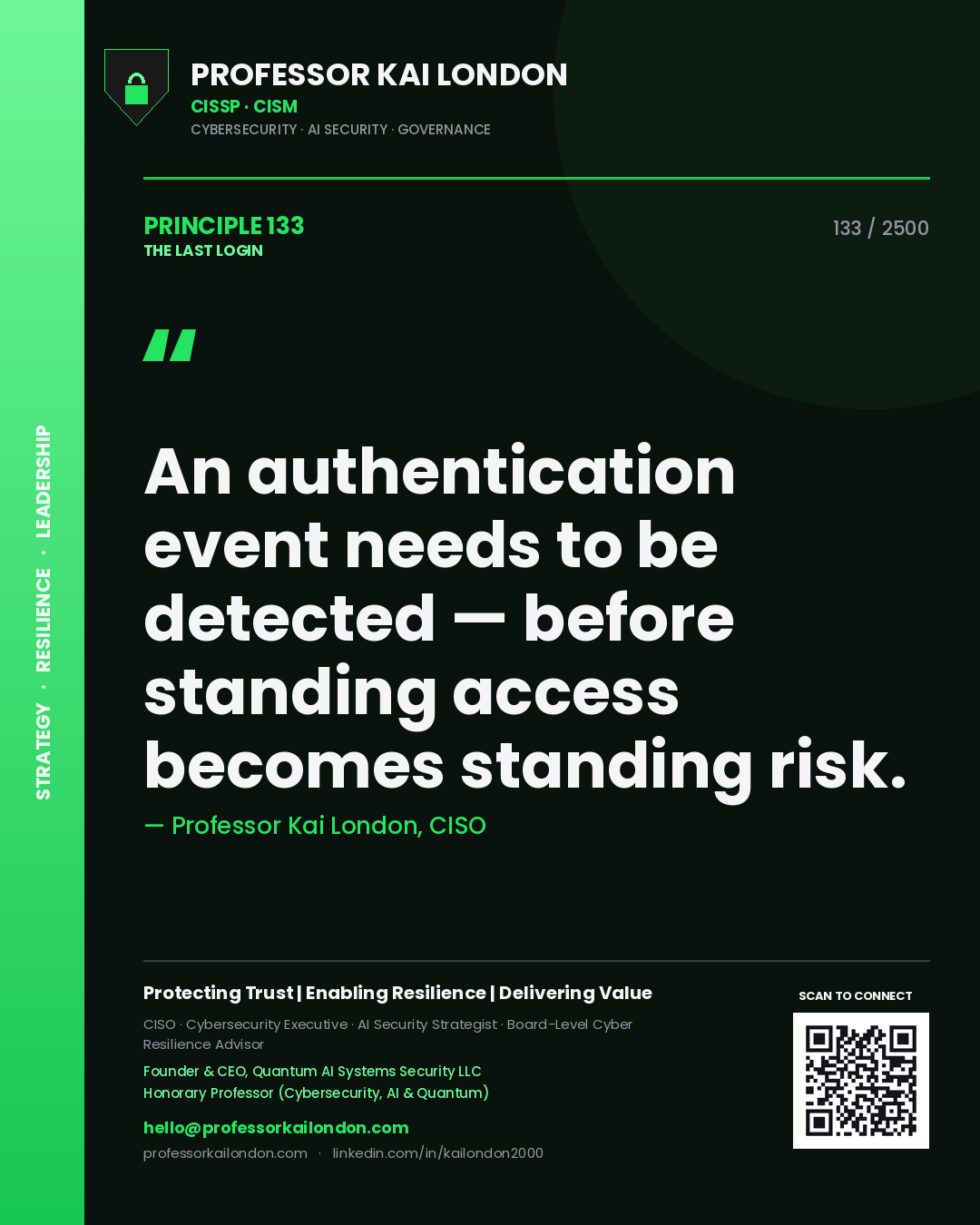 Quote card by Professor Kai London reading 'An authentication event needs to be detected — before standing access becomes standing risk.'. From the book The Last Login.