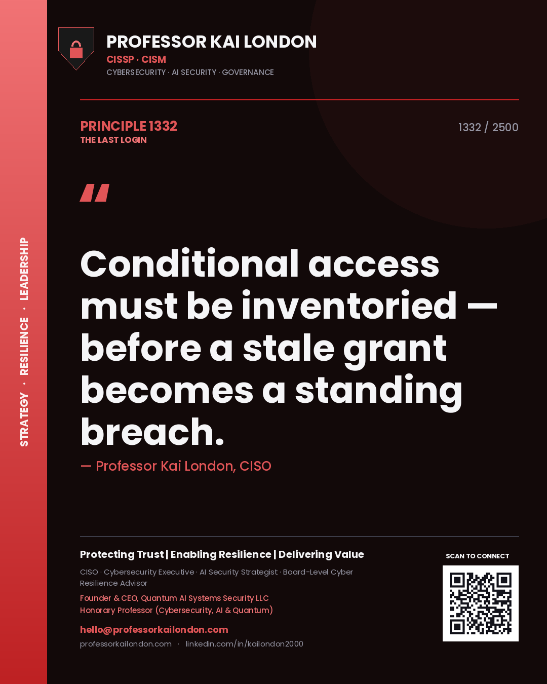 Professor Kai London principle 1332: Conditional access must be inventoried — before a stale grant becomes a standing breach.