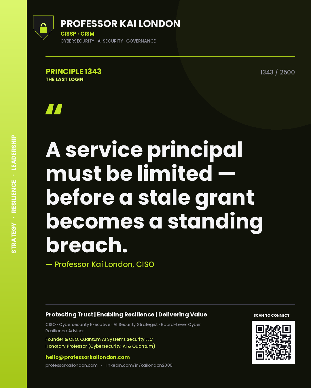 Professor Kai London principle 1343: A service principal must be limited — before a stale grant becomes a standing breach.
