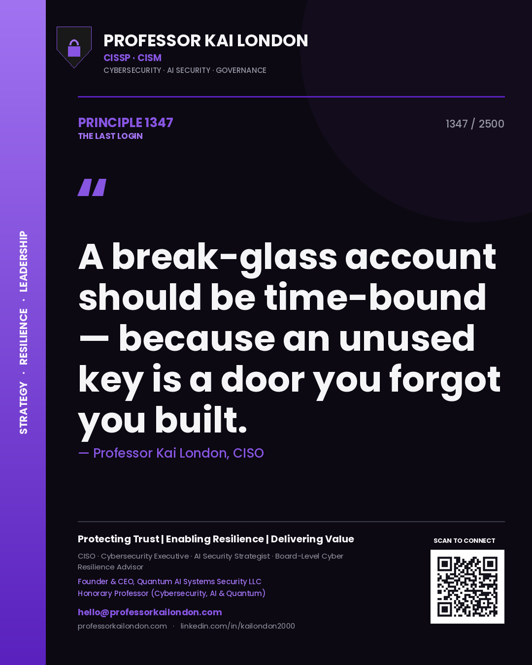 Professor Kai London principle 1347: A break-glass account should be time-bound — because an unused key is a door you forgot you built.