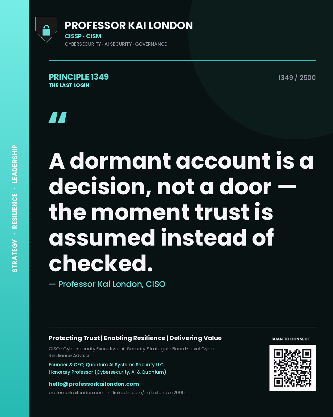 Professor Kai London principle 1349: A dormant account is a decision, not a door — the moment trust is assumed instead of checked.
