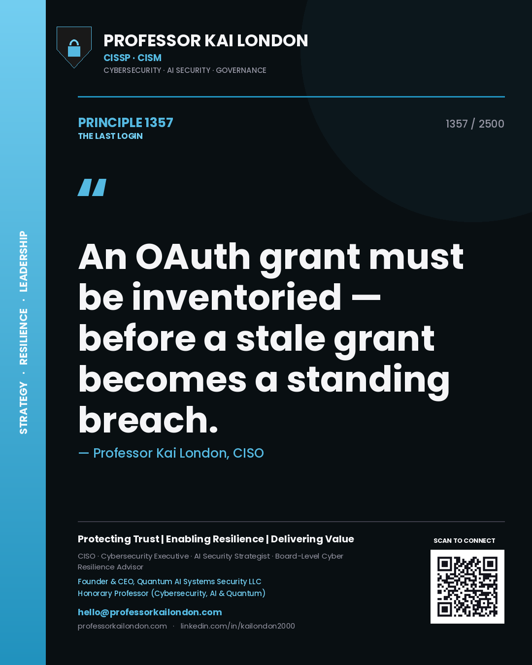 Quote card by Professor Kai London reading 'An OAuth grant must be inventoried — before a stale grant becomes a standing breach.'. From the book The Last Login.