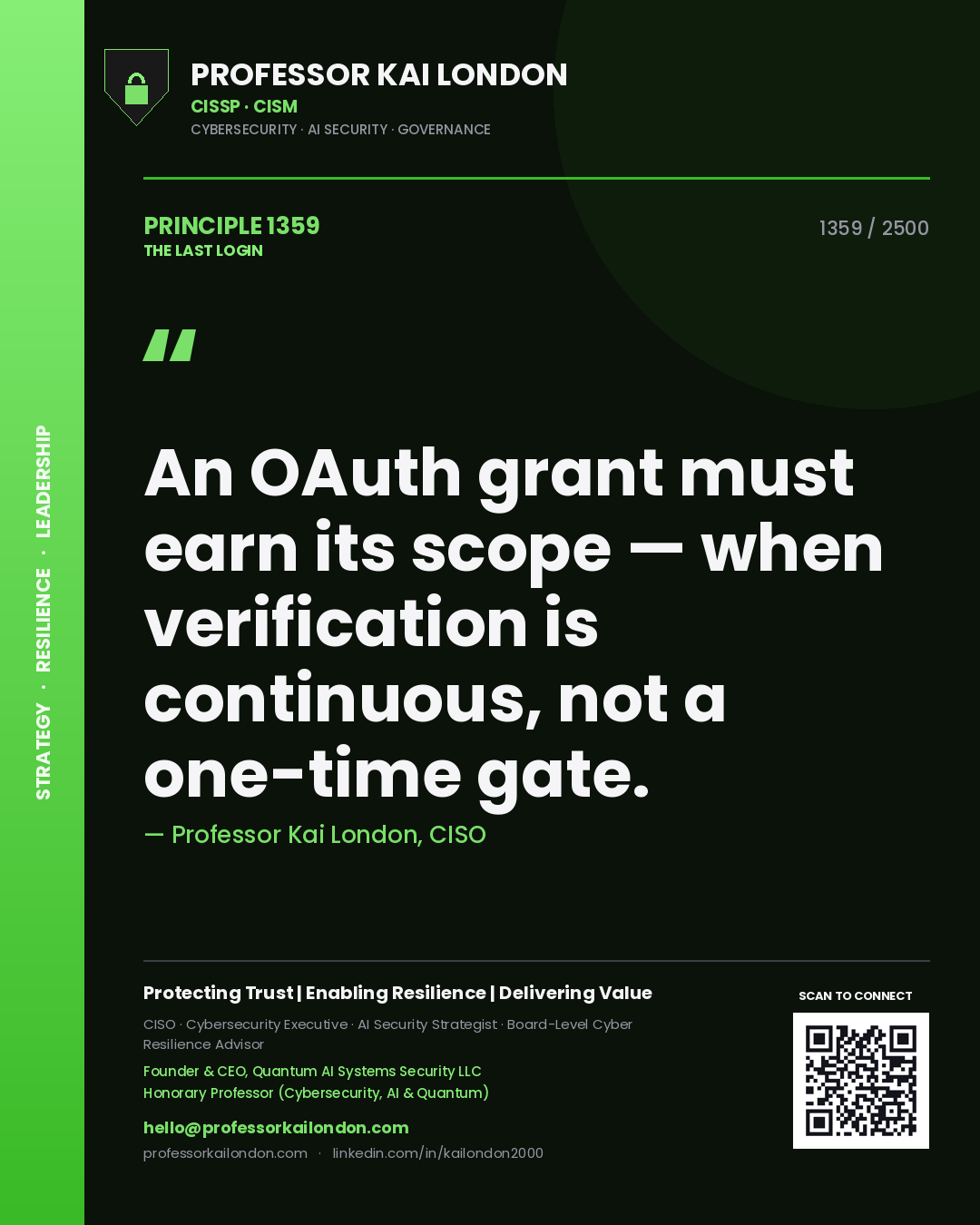 Quote card by Professor Kai London reading 'An OAuth grant must earn its scope — when verification is continuous, not a one-time gate.'. From the book The Last Login.