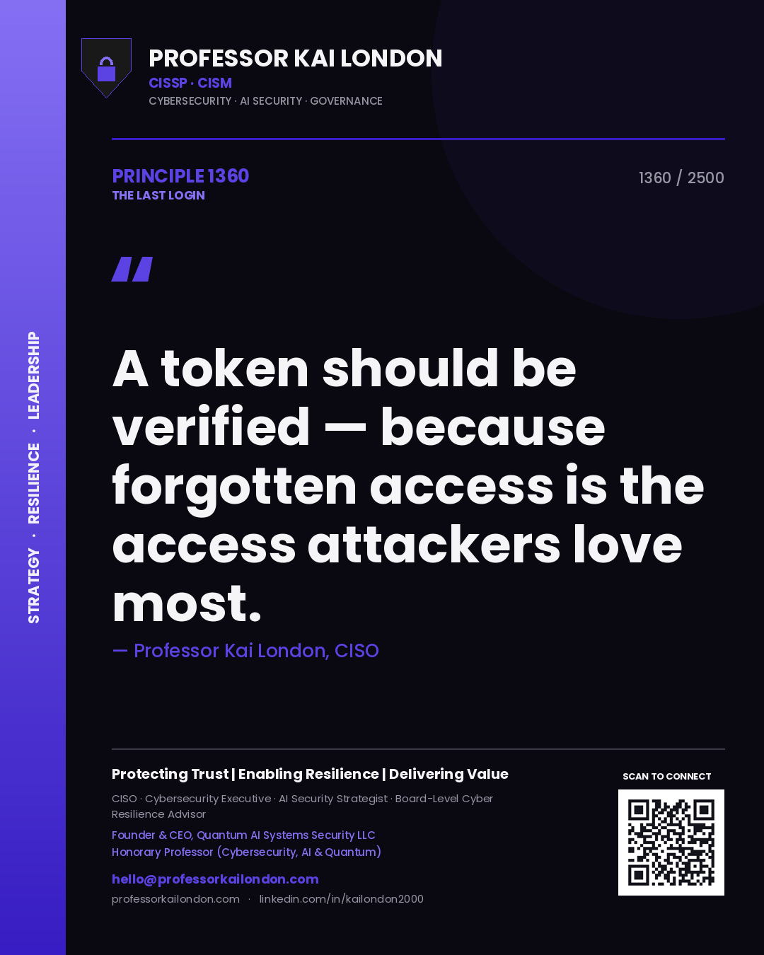 Quote card by Professor Kai London reading 'A token should be verified — because forgotten access is the access attackers love most.'. From the book The Last Login.