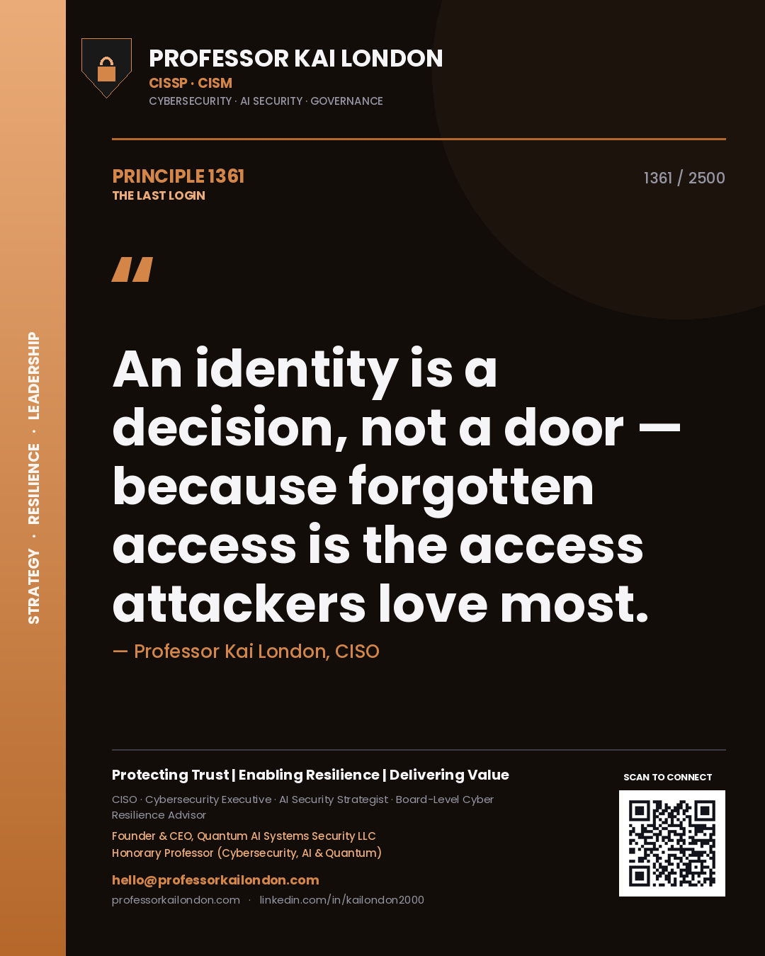 Professor Kai London principle 1361: An identity is a decision, not a door — because forgotten access is the access attackers love most.