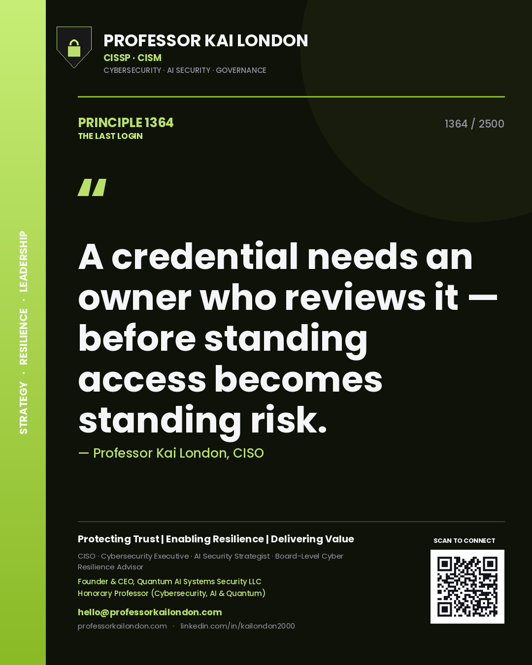 Quote card by Professor Kai London reading 'A credential needs an owner who reviews it — before standing access becomes standing risk.'. From the book The Last Login.