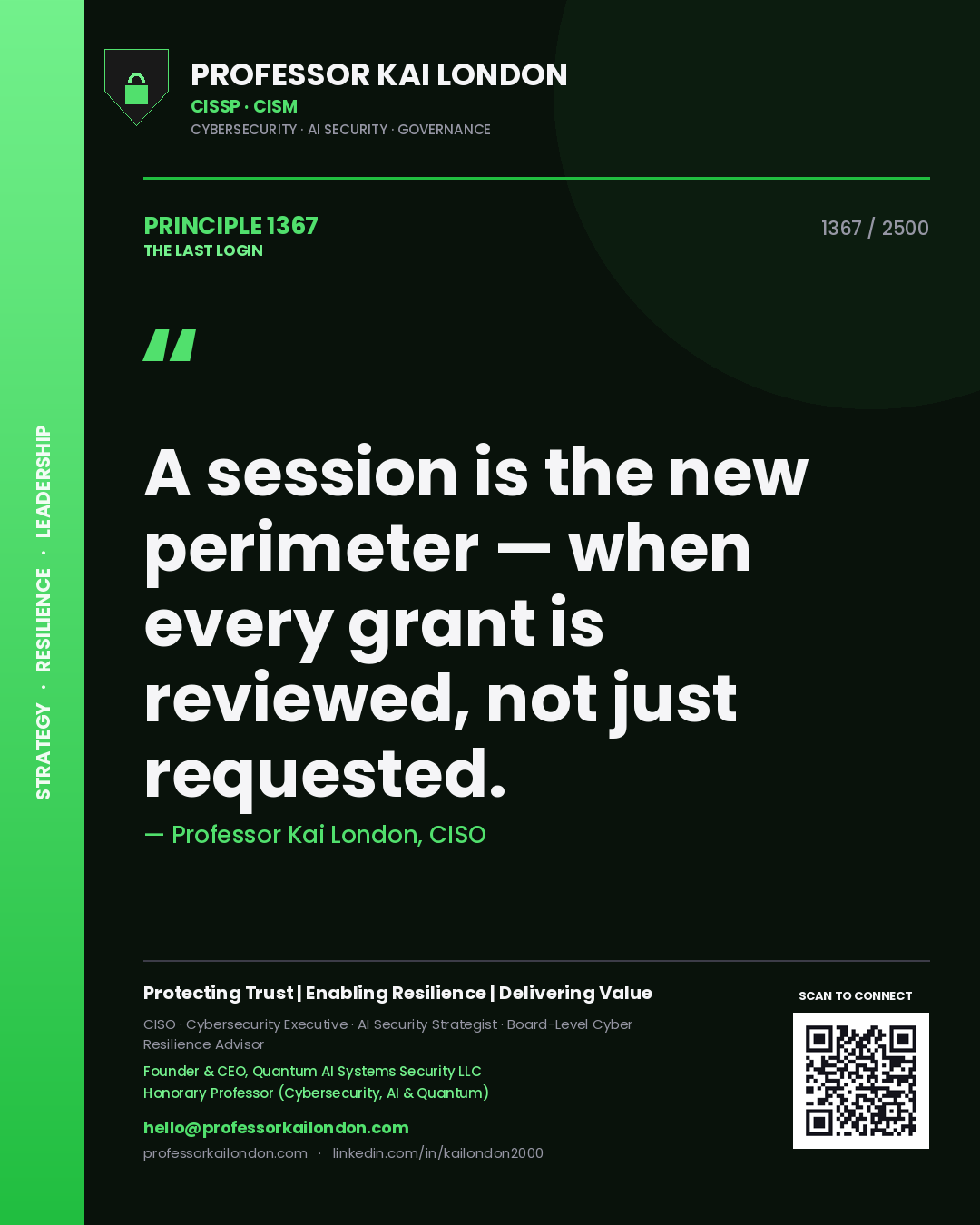 Quote card by Professor Kai London reading 'A session is the new perimeter — when every grant is reviewed, not just requested.'. From the book The Last Login.