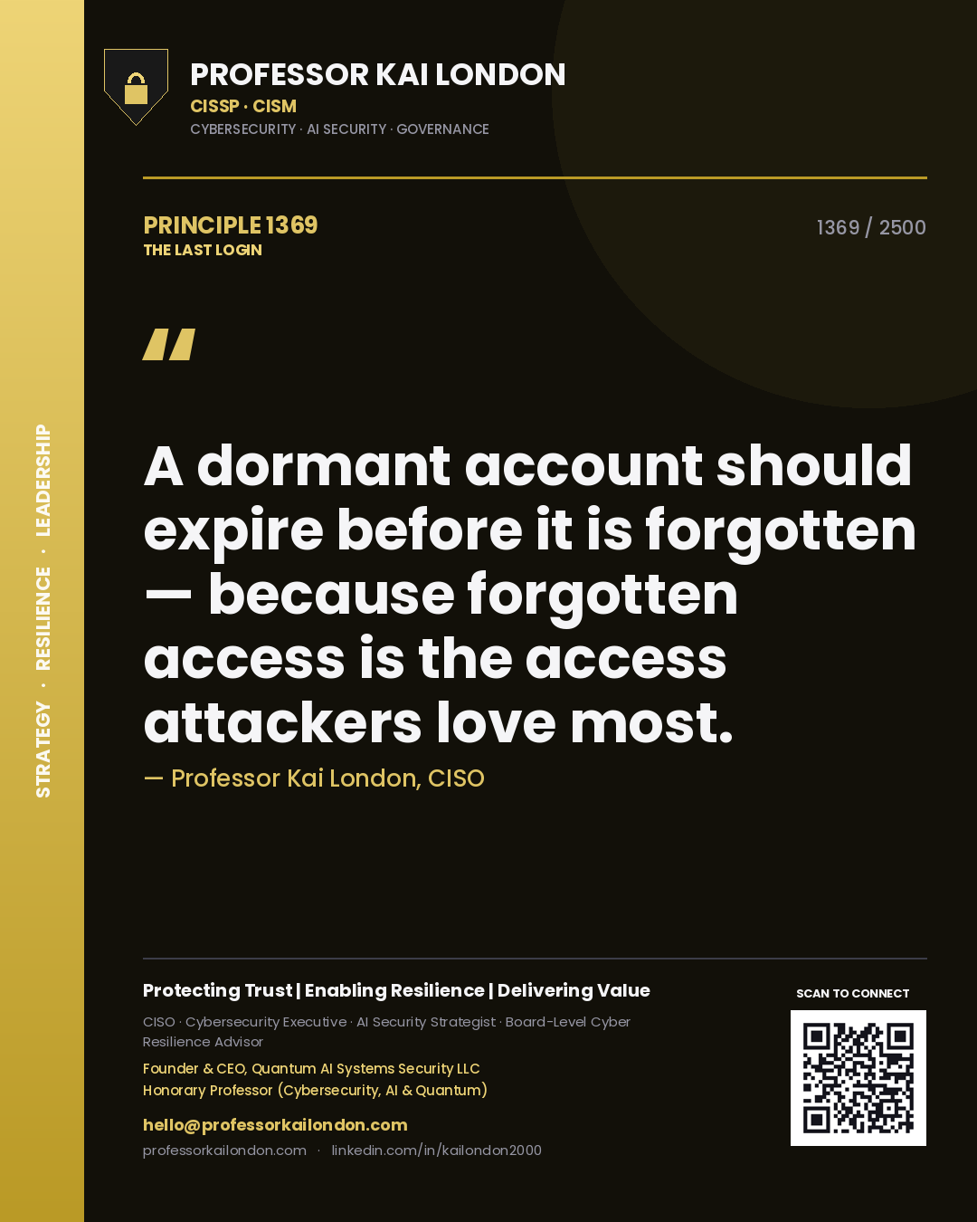 Professor Kai London principle 1369: A dormant account should expire before it is forgotten — because forgotten access is the access attackers love most.