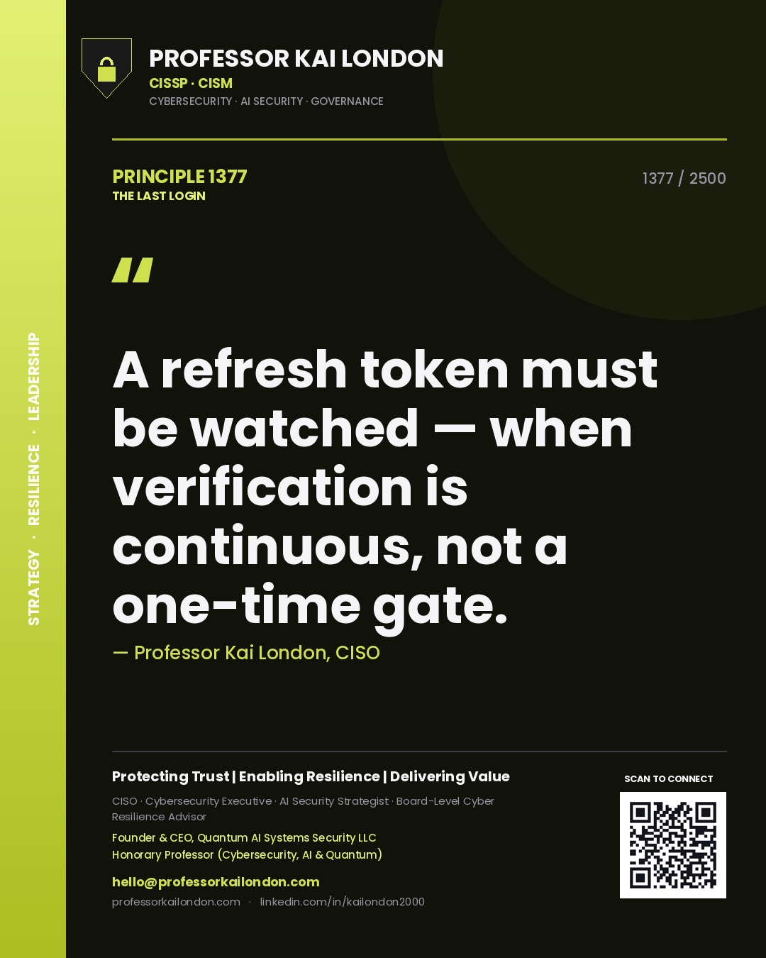 Professor Kai London principle 1377: A refresh token must be watched — when verification is continuous, not a one-time gate.