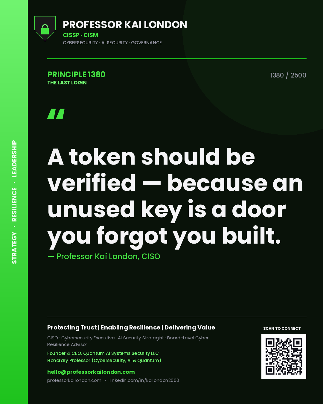 Professor Kai London principle 1380: A token should be verified — because an unused key is a door you forgot you built.