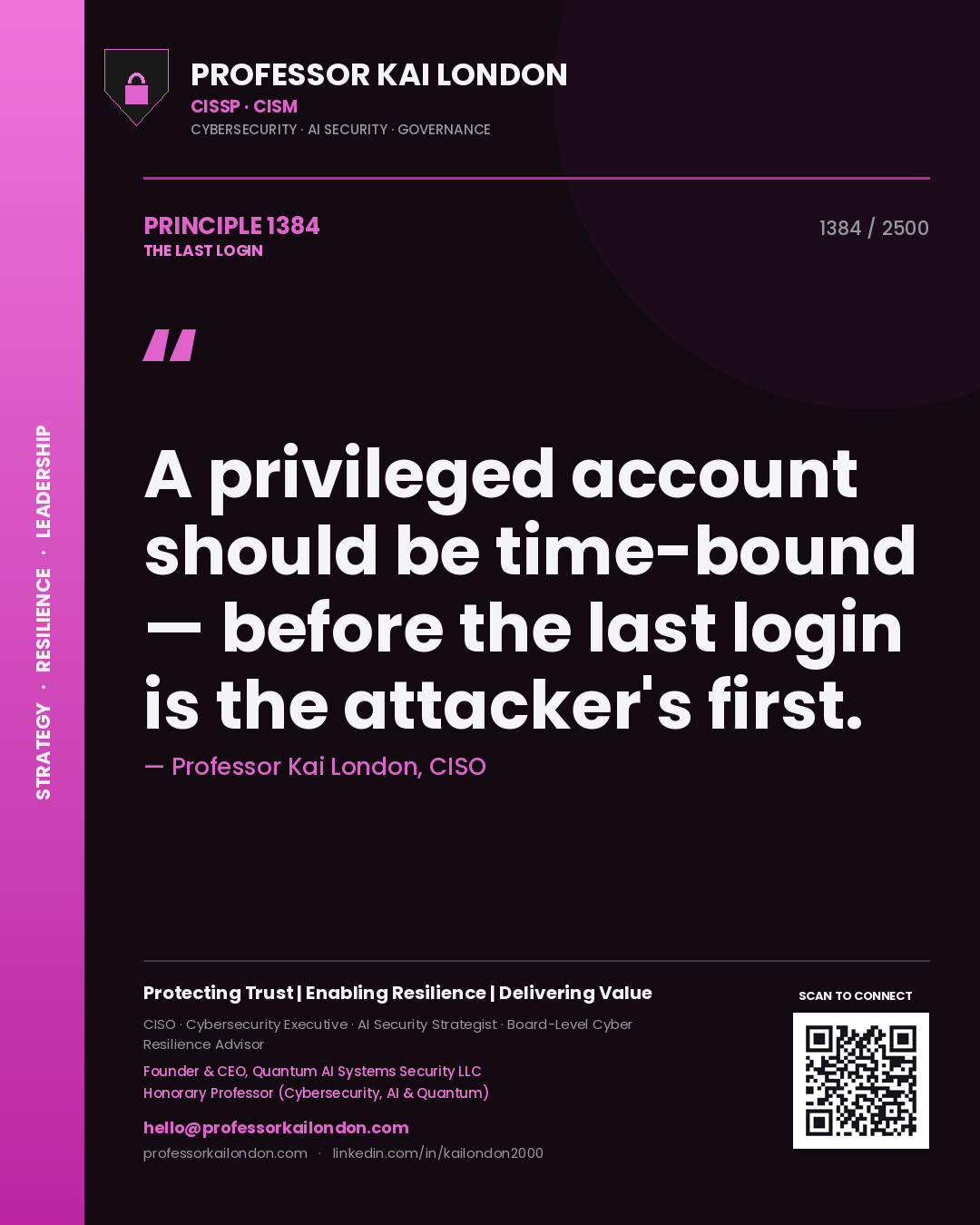 Quote card by Professor Kai London reading 'A privileged account should be time-bound — before the last login is the attacker's first.'. From the book The Last Login.