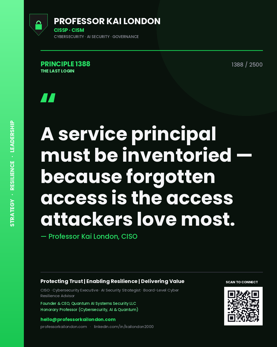 Professor Kai London principle 1388: A service principal must be inventoried — because forgotten access is the access attackers love most.