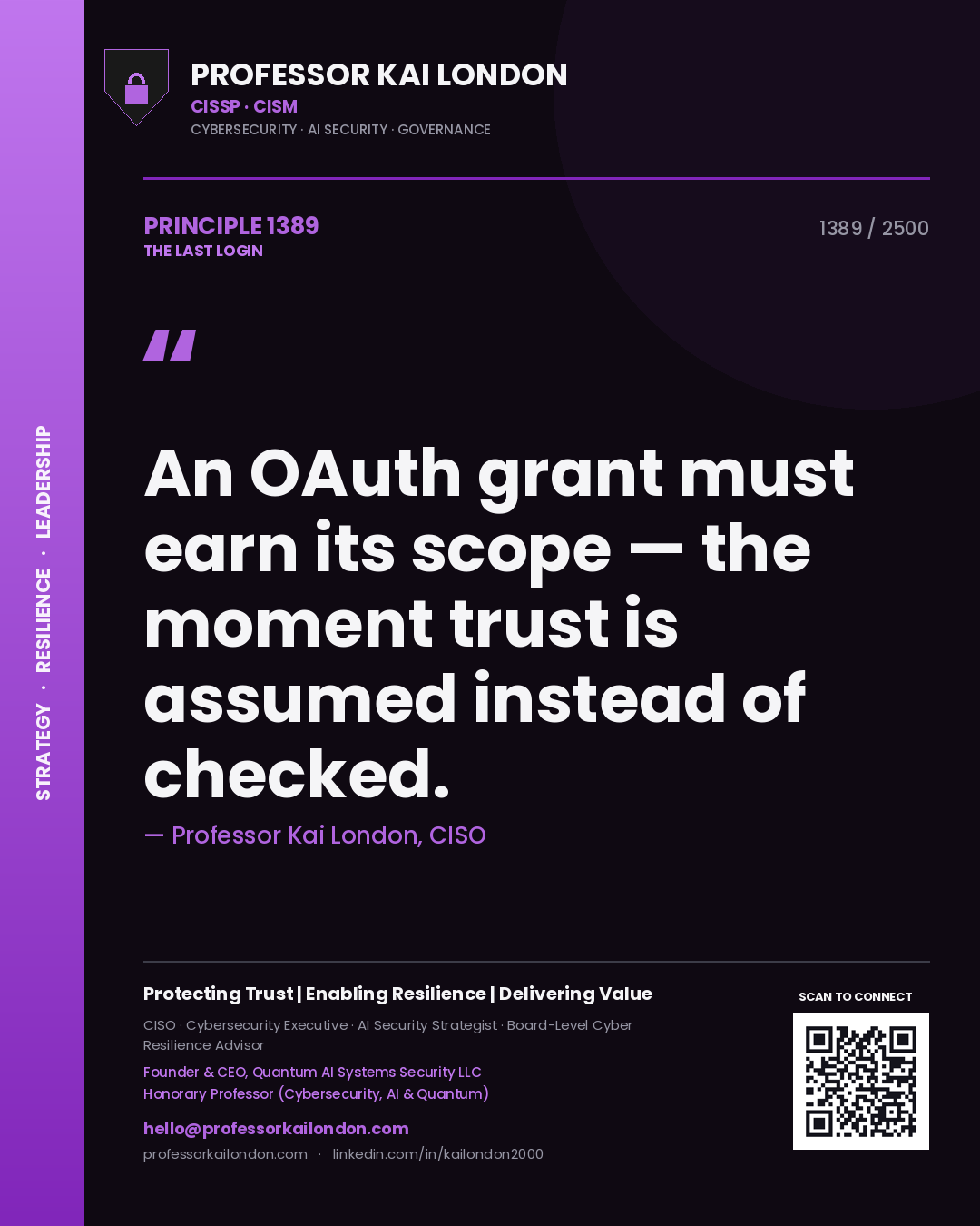 Quote card by Professor Kai London reading 'An OAuth grant must earn its scope — the moment trust is assumed instead of checked.'. From the book The Last Login.