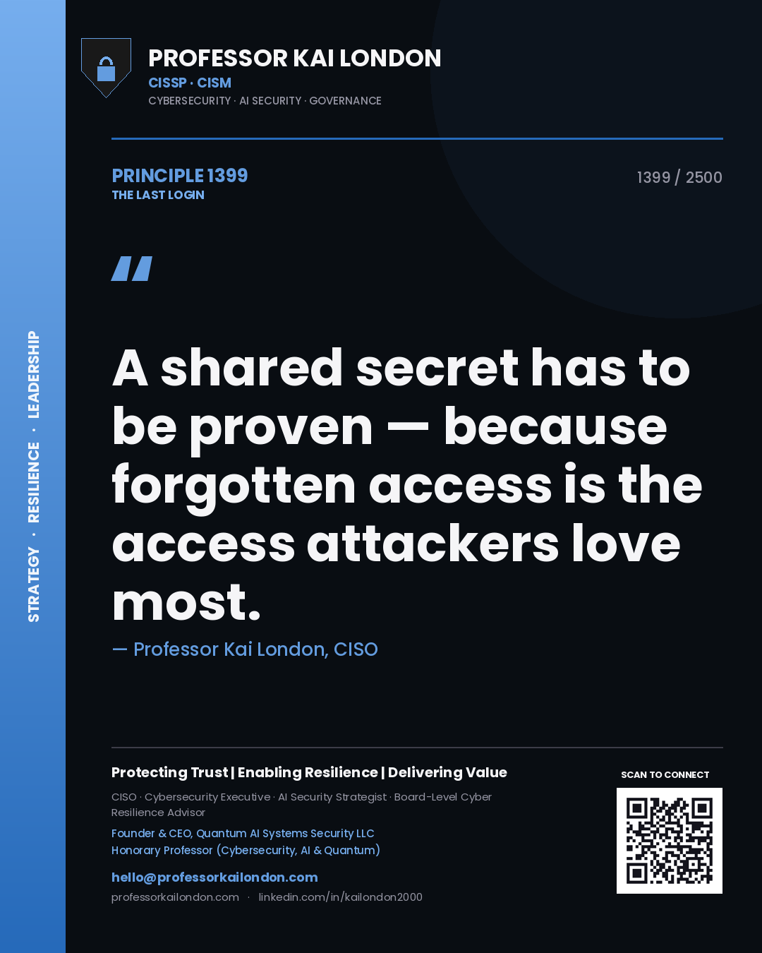 Quote card by Professor Kai London reading 'A shared secret has to be proven — because forgotten access is the access attackers love most.'. From the book The Last Login.