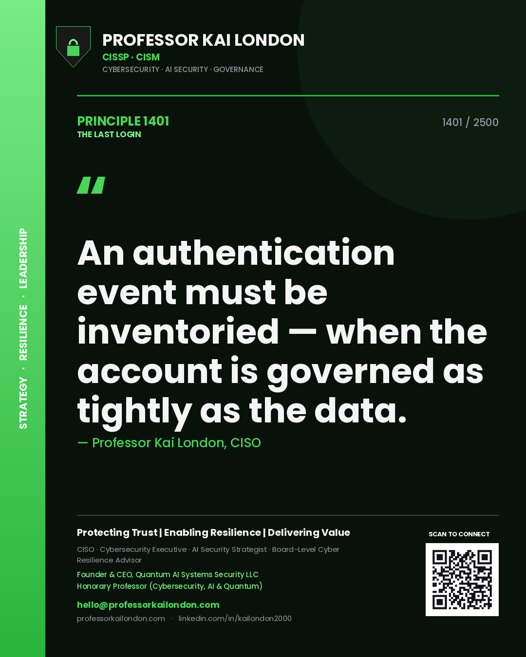 Quote card by Professor Kai London reading 'An authentication event must be inventoried — when the account is governed as tightly as the data.'. From the book The Last Login.