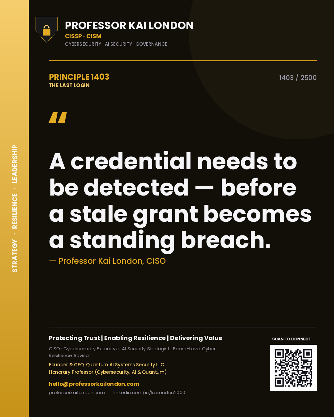 Quote card by Professor Kai London reading 'A credential needs to be detected — before a stale grant becomes a standing breach.'. From the book The Last Login.