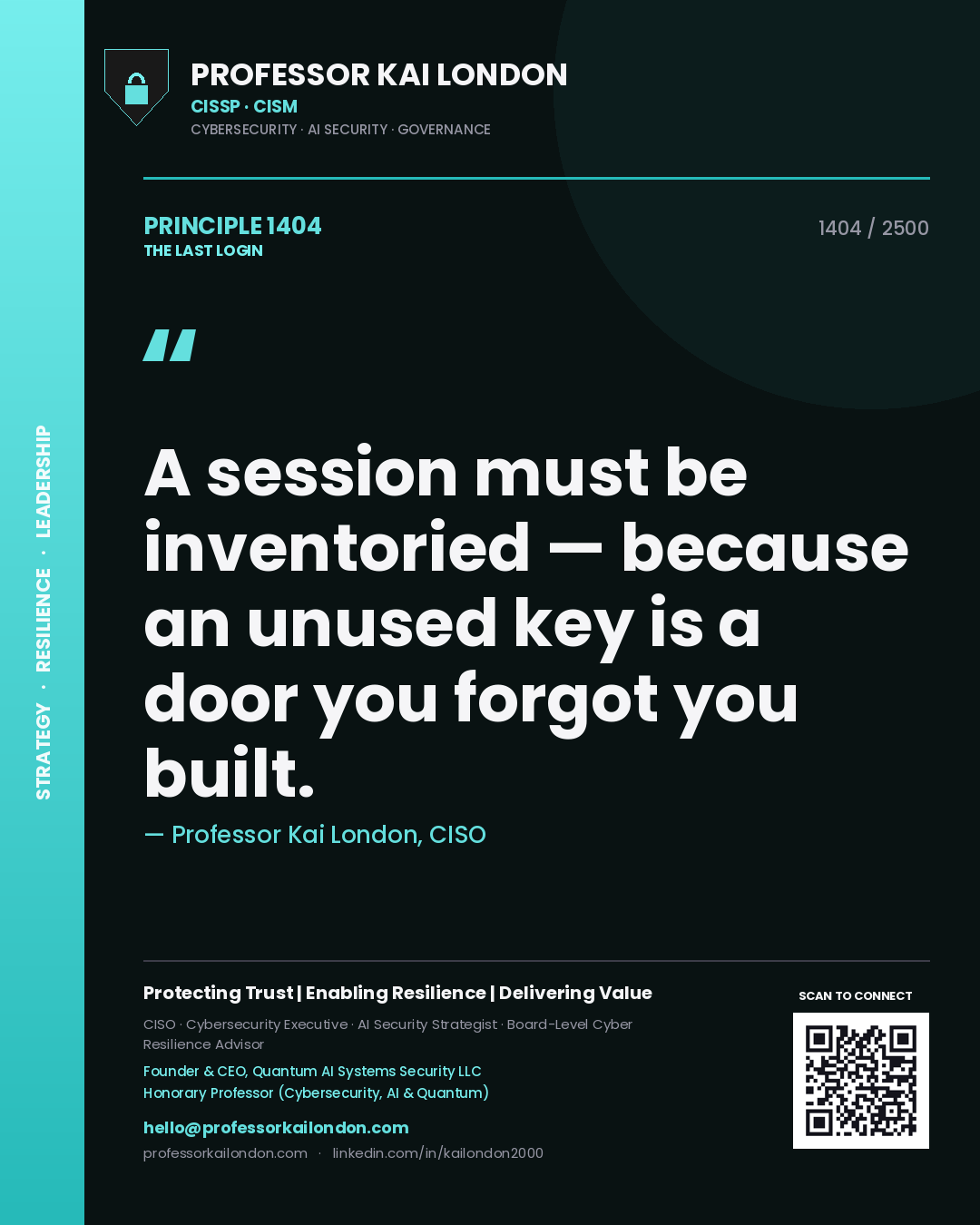 Professor Kai London principle 1404: A session must be inventoried — because an unused key is a door you forgot you built.