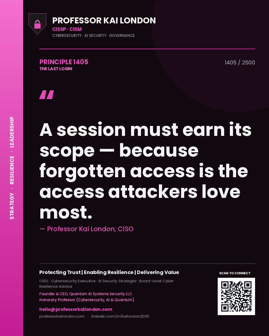 Quote card by Professor Kai London reading 'A session must earn its scope — because forgotten access is the access attackers love most.'. From the book The Last Login.