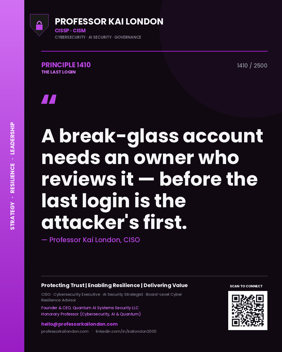Quote card by Professor Kai London reading 'A break-glass account needs an owner who reviews it — before the last login is the attacker's first.'. From the book The Last Login.