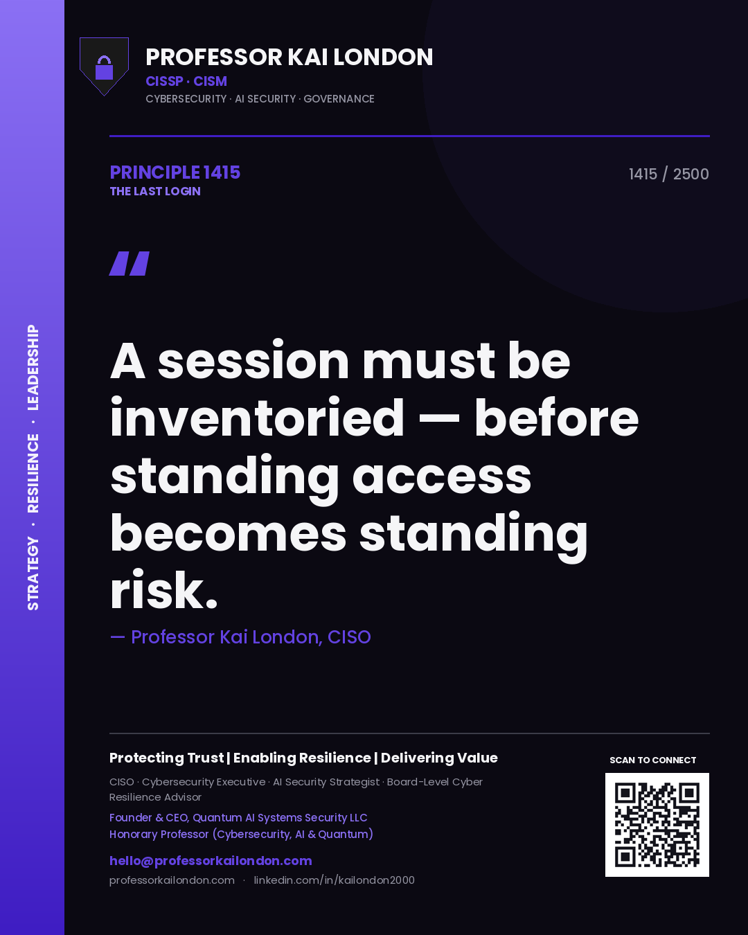 Quote card by Professor Kai London reading 'A session must be inventoried — before standing access becomes standing risk.'. From the book The Last Login.