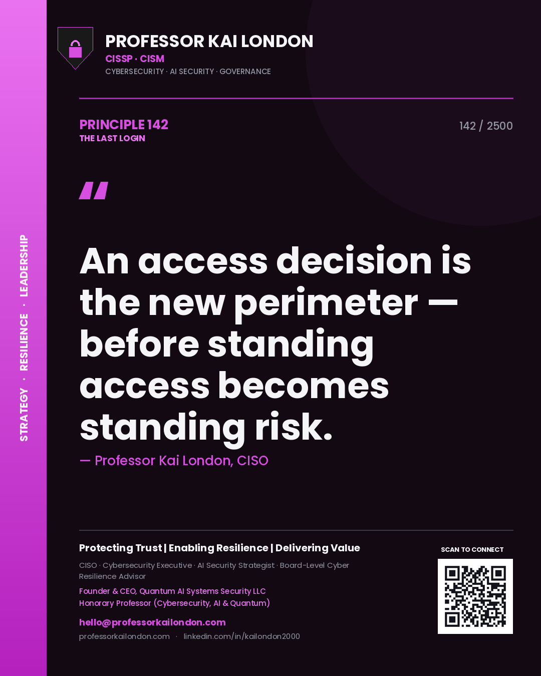 Professor Kai London principle 142: An access decision is the new perimeter — before standing access becomes standing risk.
