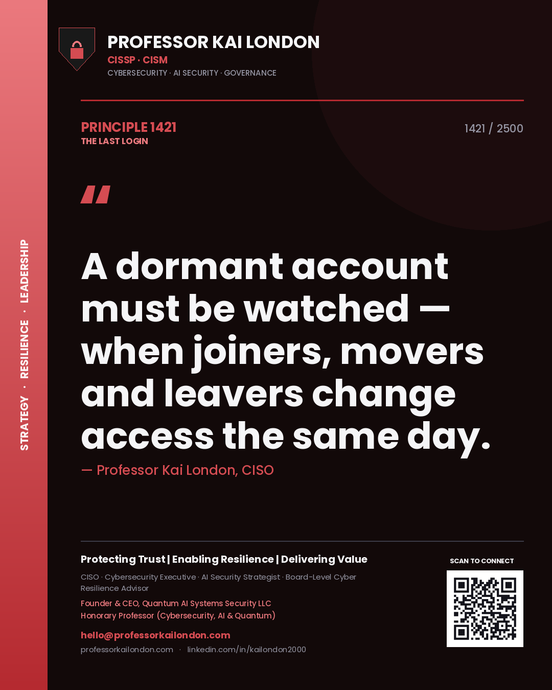 Professor Kai London principle 1421: A dormant account must be watched — when joiners, movers and leavers change access the same day.