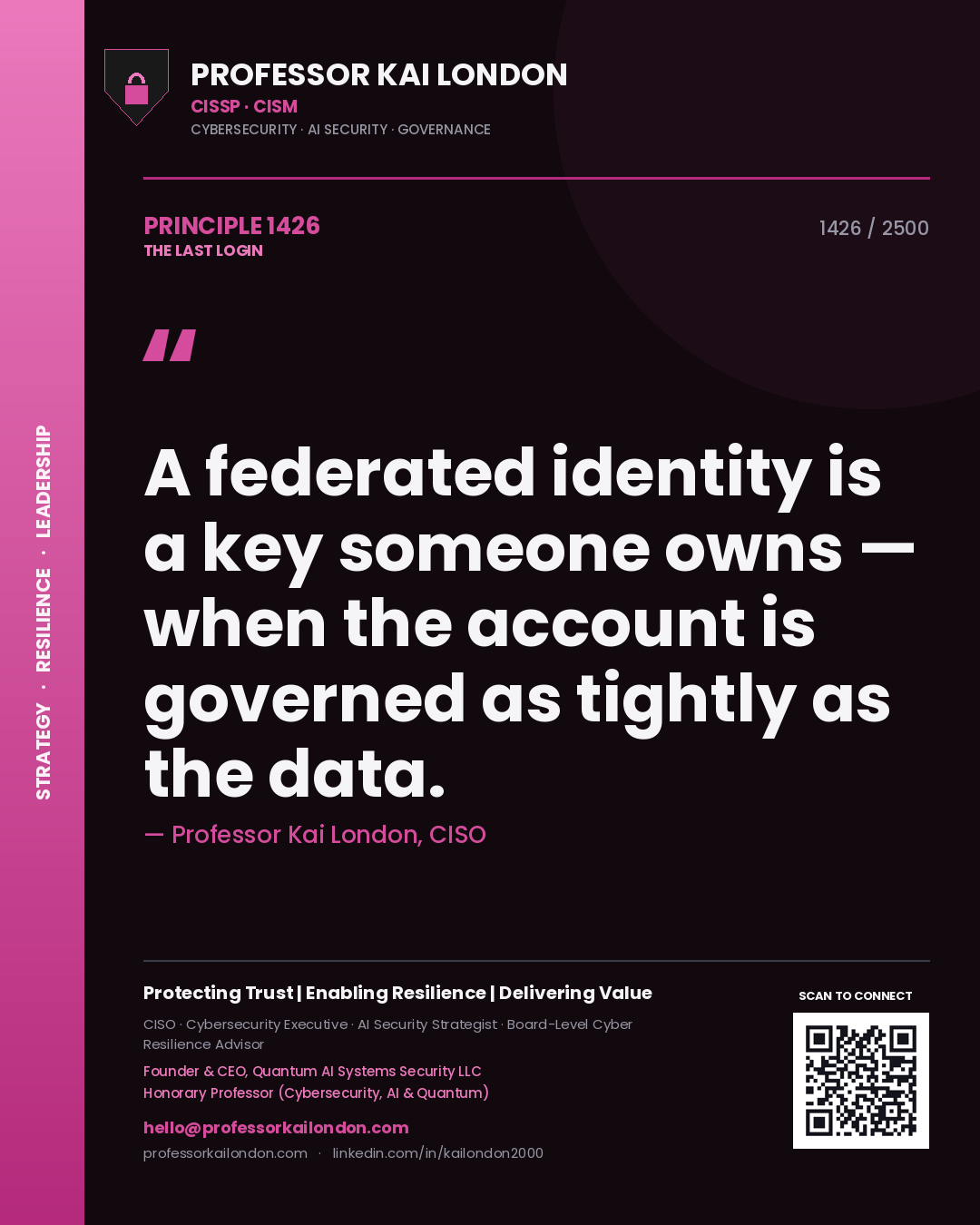 Professor Kai London principle 1426: A federated identity is a key someone owns — when the account is governed as tightly as the data.