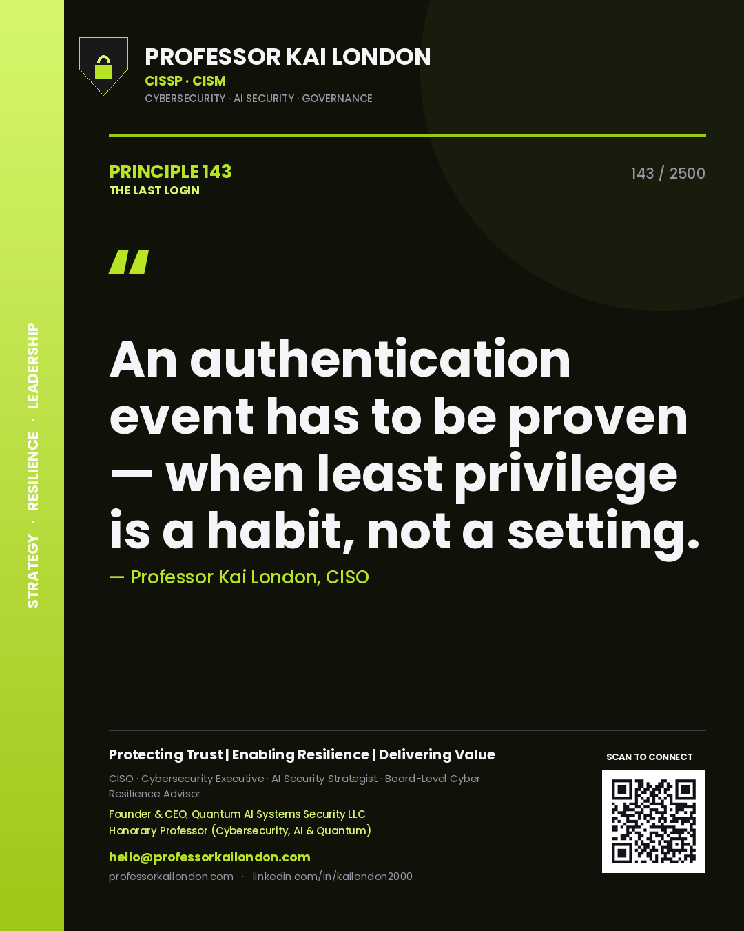 Quote card by Professor Kai London reading 'An authentication event has to be proven — when least privilege is a habit, not a setting.'. From the book The Last Login.