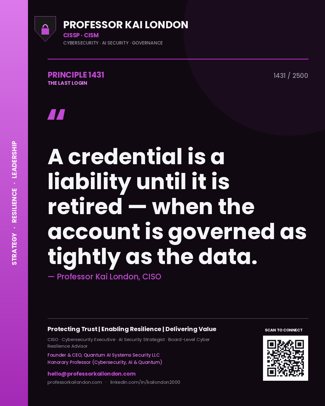 Quote card by Professor Kai London reading 'A credential is a liability until it is retired — when the account is governed as tightly as the data.'. From the book The Last Login.