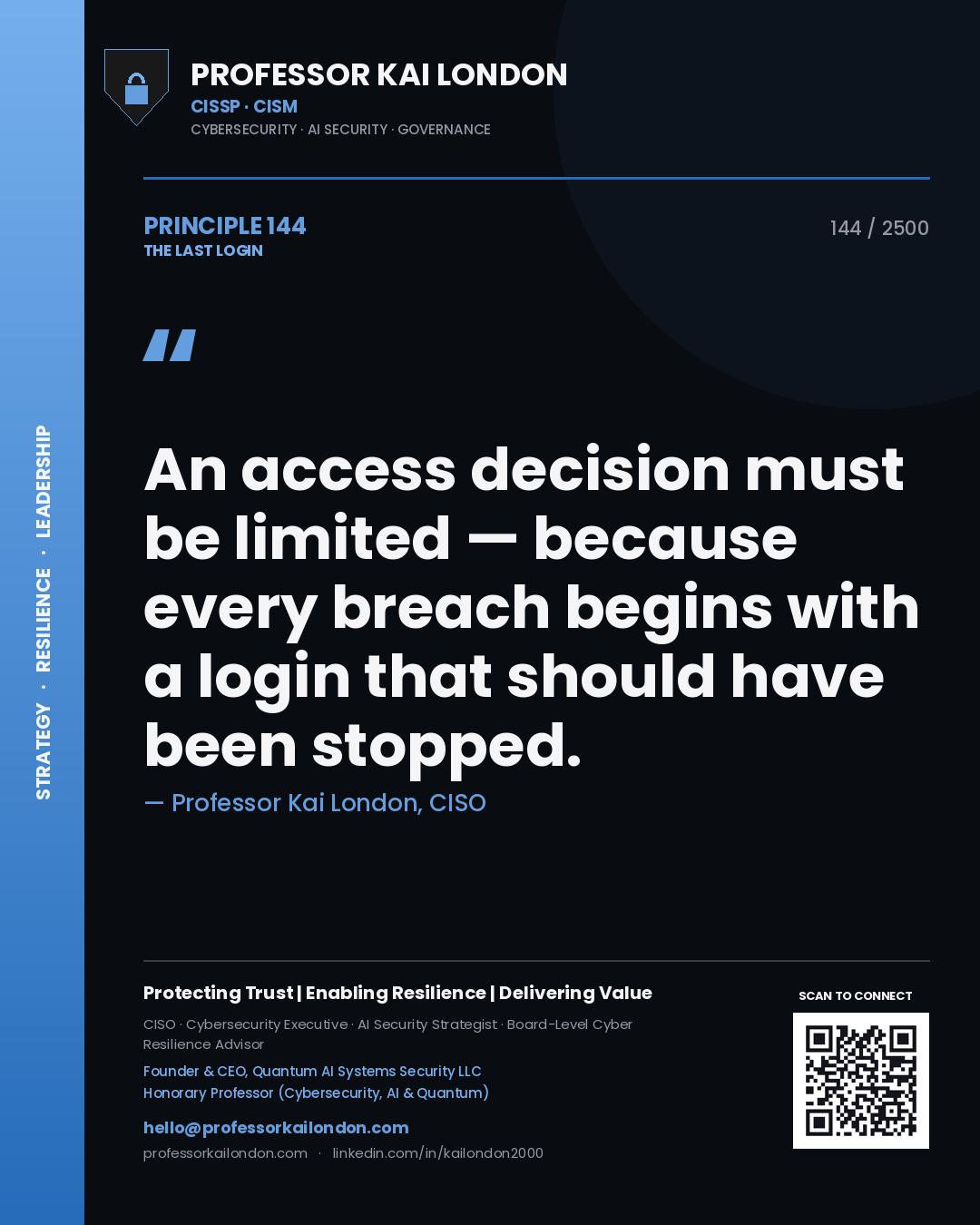 Quote card by Professor Kai London reading 'An access decision must be limited — because every breach begins with a login that should have been stopped.'. From the book The Last Login.