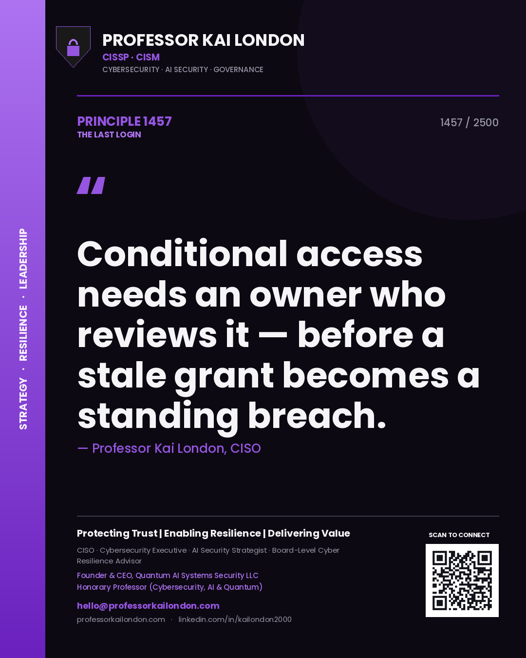 Professor Kai London principle 1457: Conditional access needs an owner who reviews it — before a stale grant becomes a standing breach.