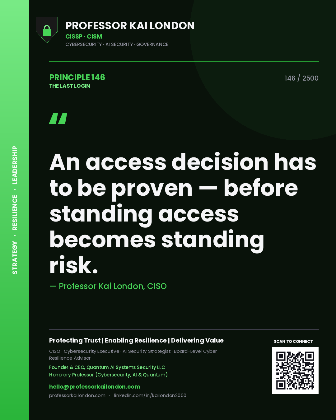 Quote card by Professor Kai London reading 'An access decision has to be proven — before standing access becomes standing risk.'. From the book The Last Login.