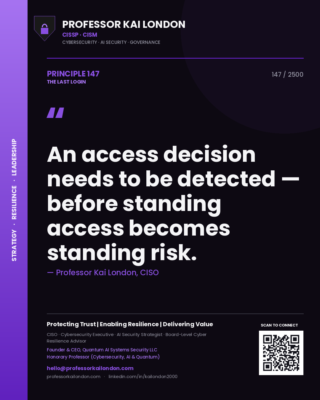 Quote card by Professor Kai London reading 'An access decision needs to be detected — before standing access becomes standing risk.'. From the book The Last Login.