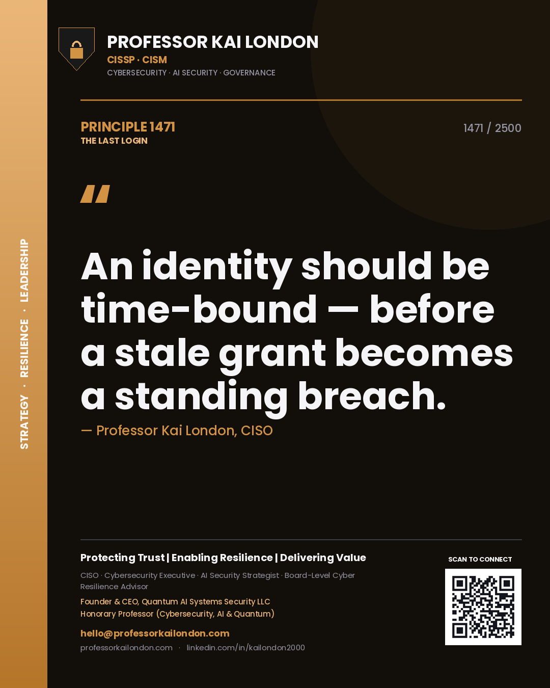 Quote card by Professor Kai London reading 'An identity should be time-bound — before a stale grant becomes a standing breach.'. From the book The Last Login.