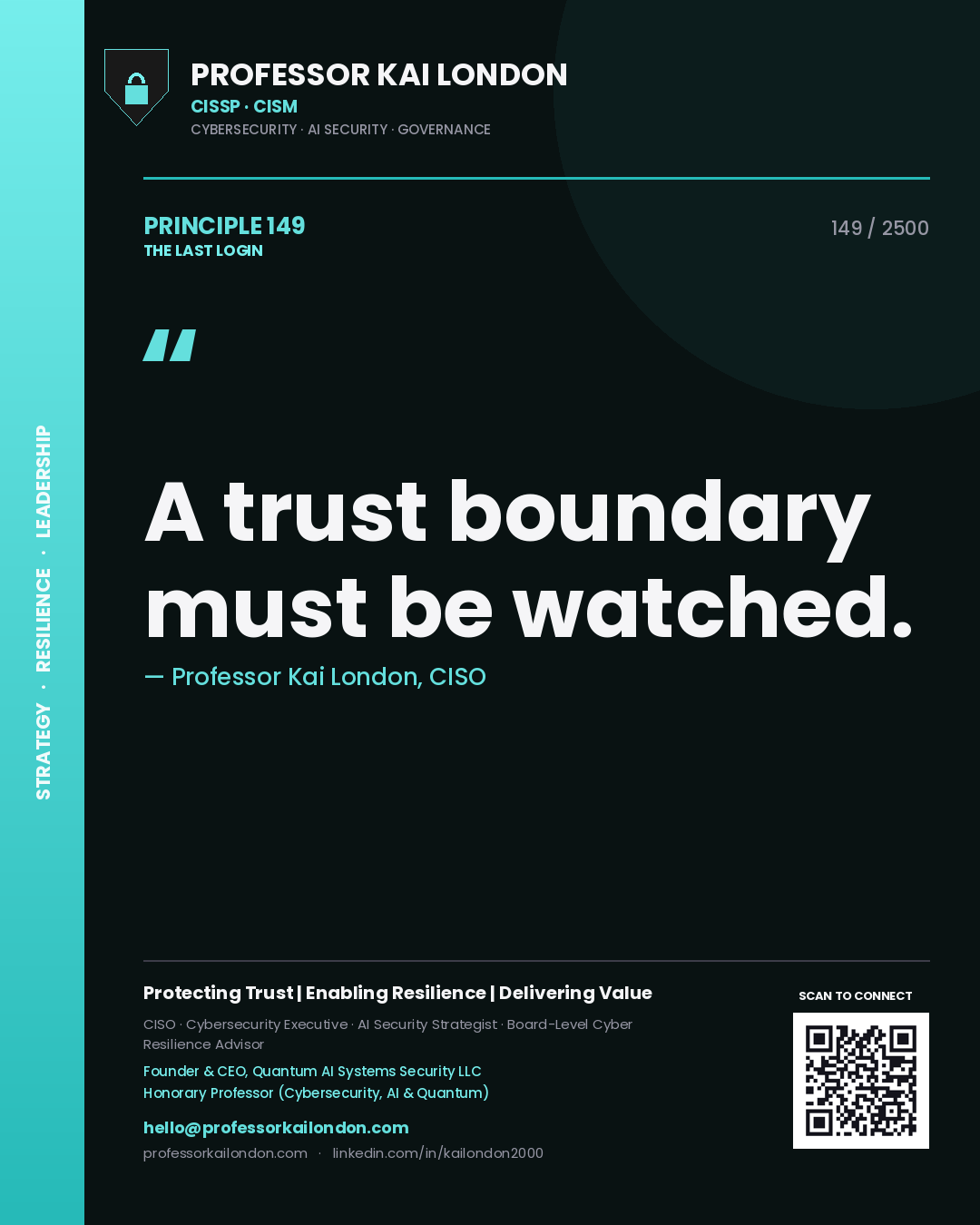 Quote card by Professor Kai London reading 'A trust boundary must be watched.'. From the book The Last Login.