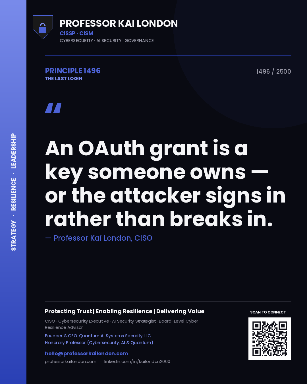 Professor Kai London principle 1496: An OAuth grant is a key someone owns — or the attacker signs in rather than breaks in.