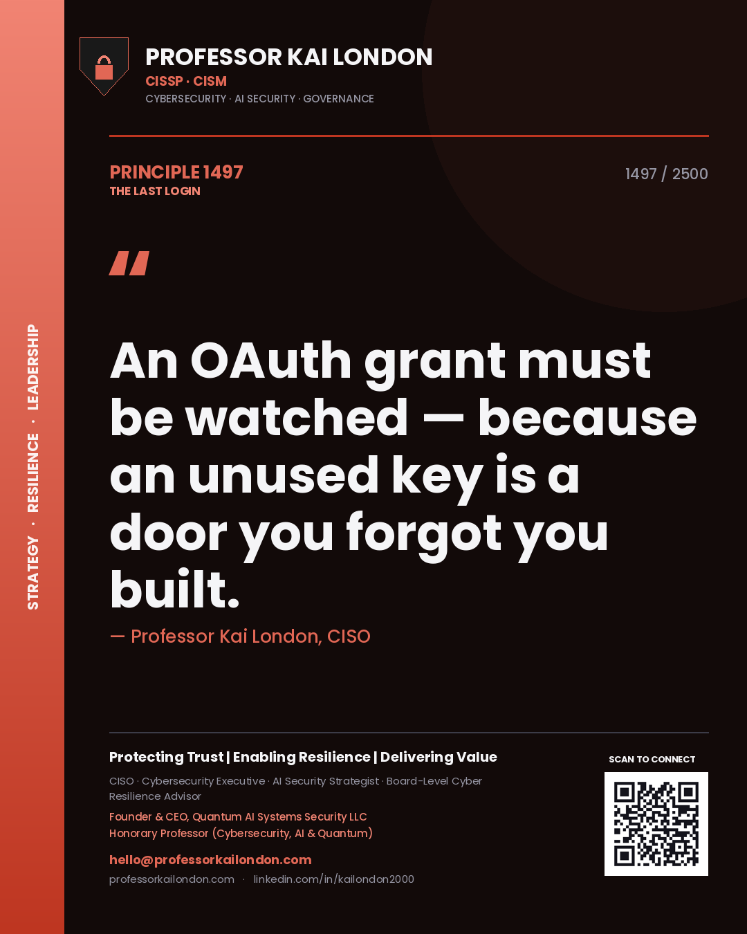 Quote card by Professor Kai London reading 'An OAuth grant must be watched — because an unused key is a door you forgot you built.'. From the book The Last Login.