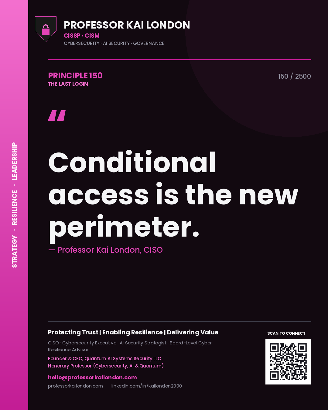 Quote card by Professor Kai London reading 'Conditional access is the new perimeter.'. From the book The Last Login.