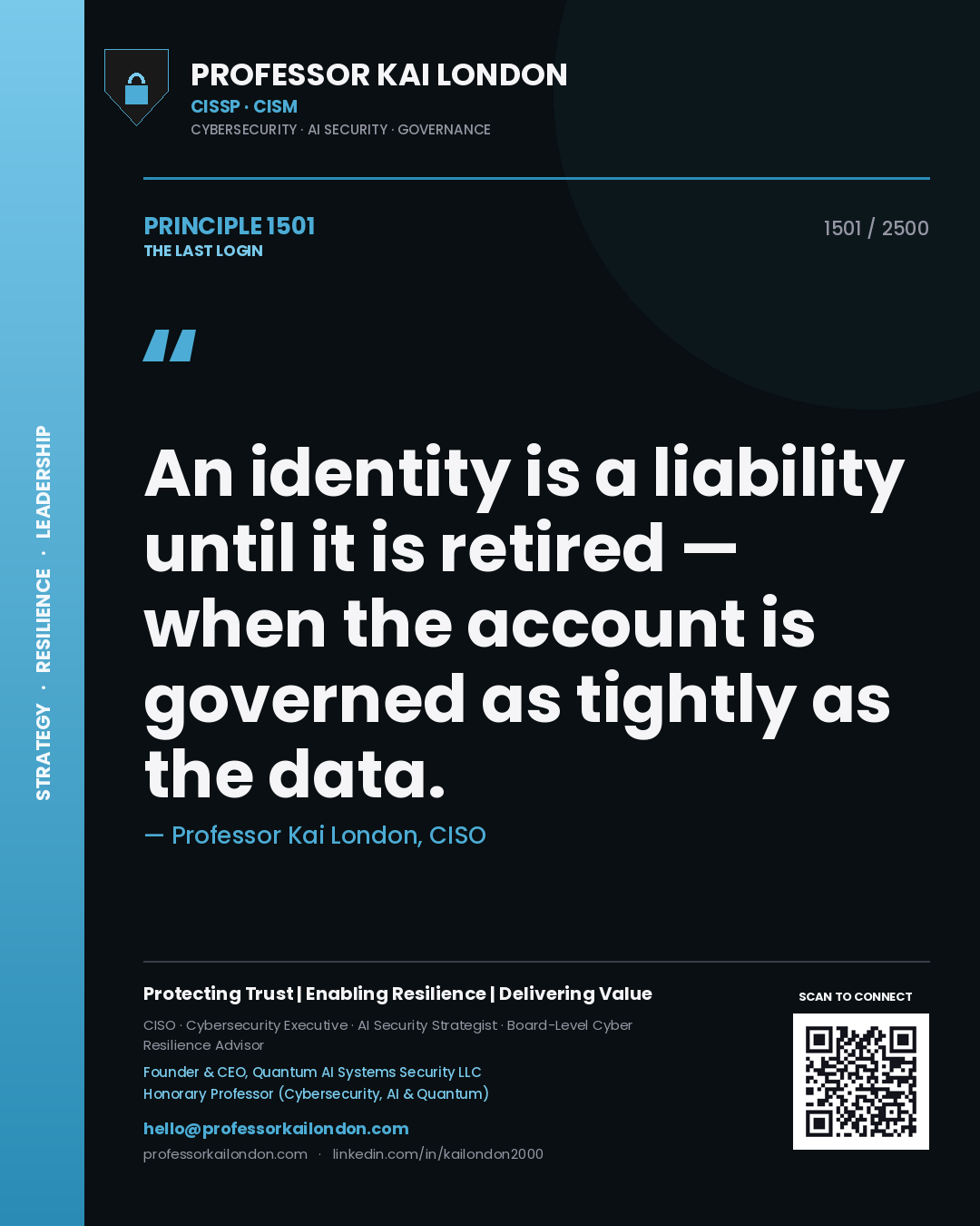 Professor Kai London principle 1501: An identity is a liability until it is retired — when the account is governed as tightly as the data.