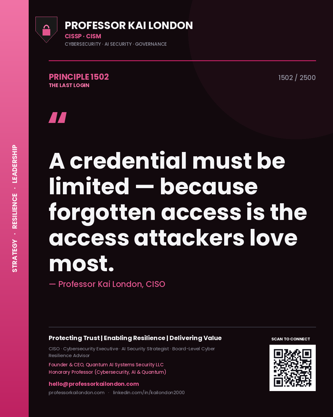Professor Kai London principle 1502: A credential must be limited — because forgotten access is the access attackers love most.