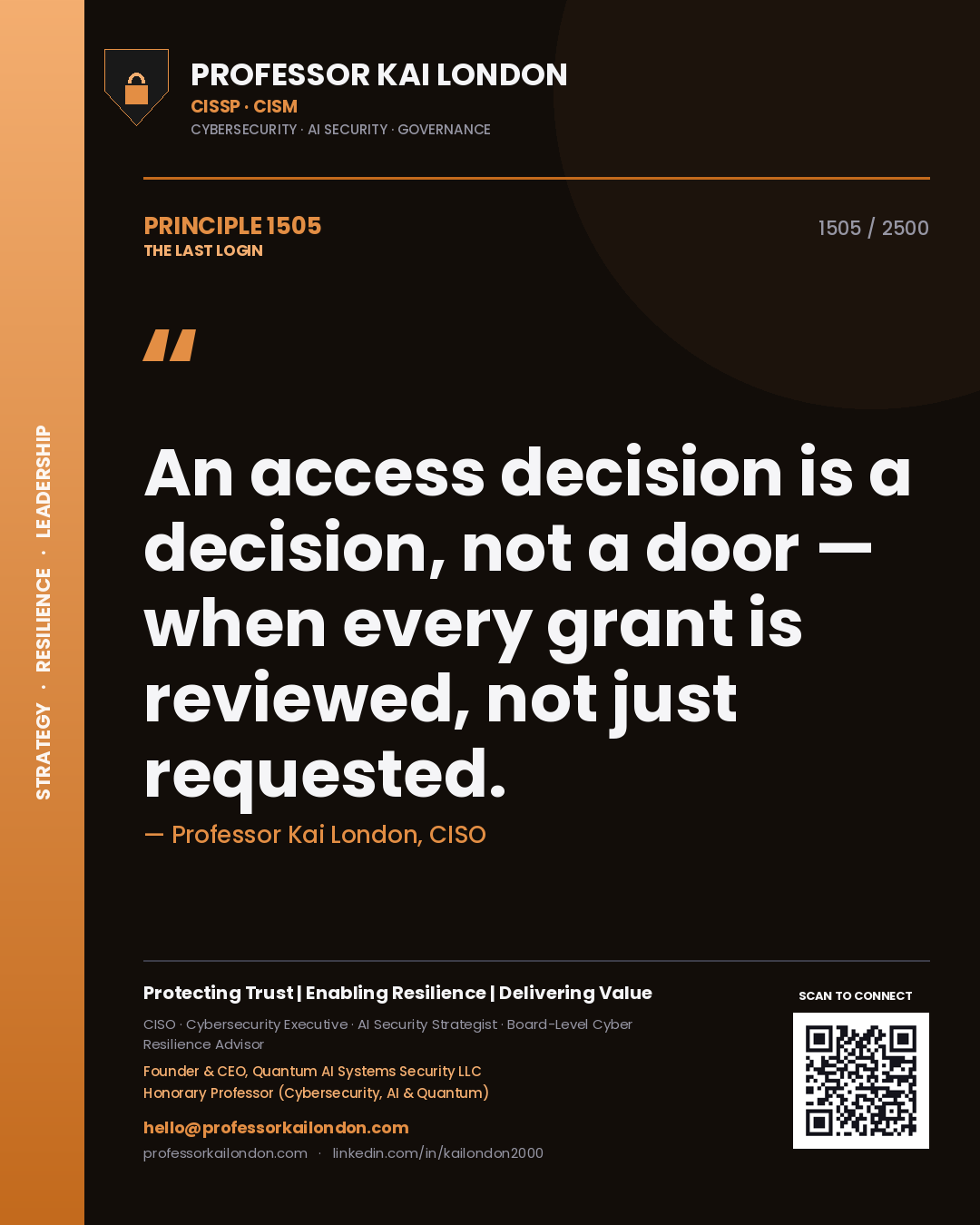 Quote card by Professor Kai London reading 'An access decision is a decision, not a door — when every grant is reviewed, not just requested.'. From the book The Last Login.