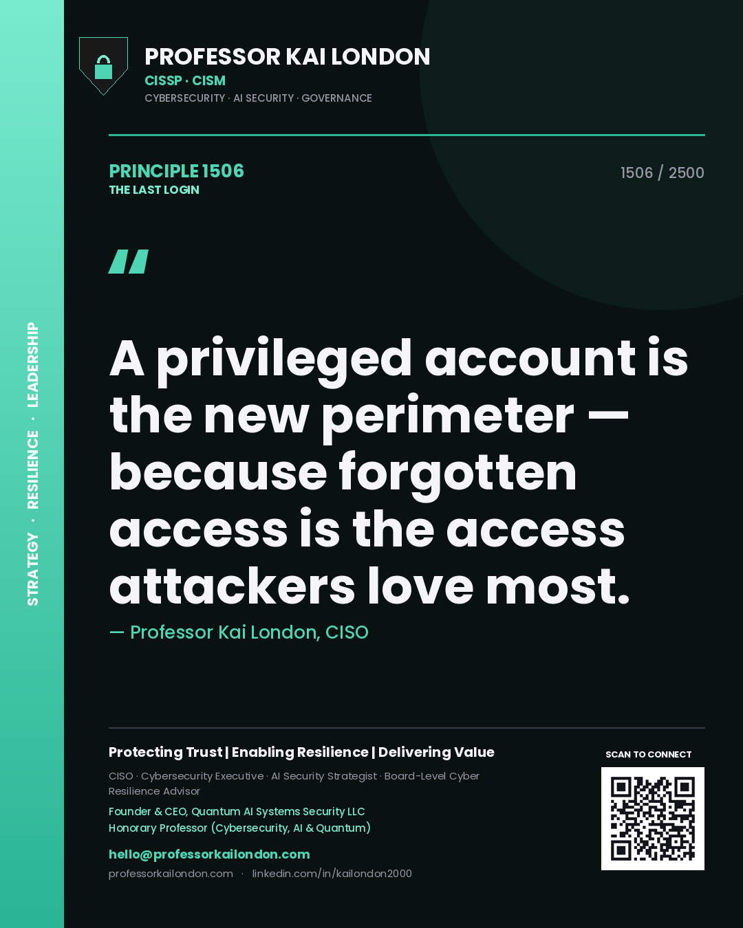 Quote card by Professor Kai London reading 'A privileged account is the new perimeter — because forgotten access is the access attackers love most.'. From the book The Last Login.