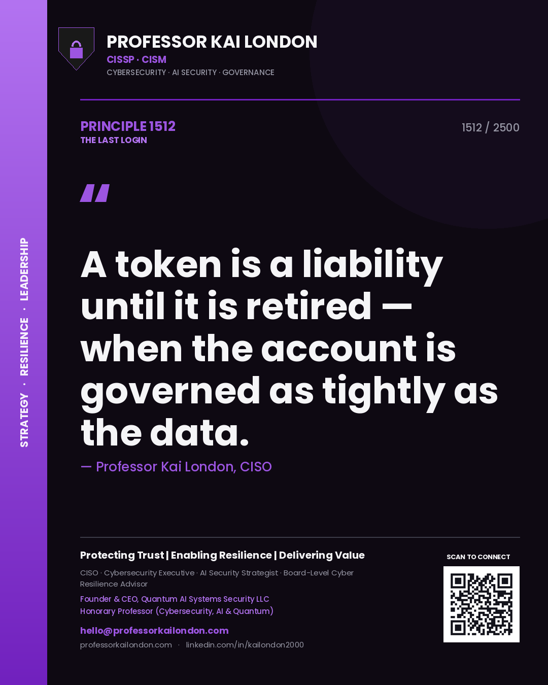 Quote card by Professor Kai London reading 'A token is a liability until it is retired — when the account is governed as tightly as the data.'. From the book The Last Login.