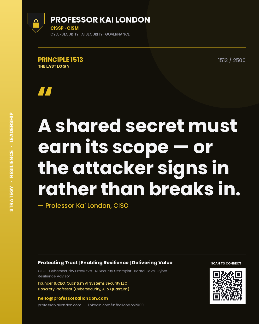 Quote card by Professor Kai London reading 'A shared secret must earn its scope — or the attacker signs in rather than breaks in.'. From the book The Last Login.