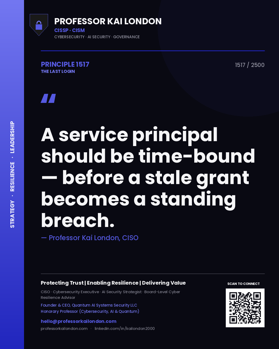 Quote card by Professor Kai London reading 'A service principal should be time-bound — before a stale grant becomes a standing breach.'. From the book The Last Login.
