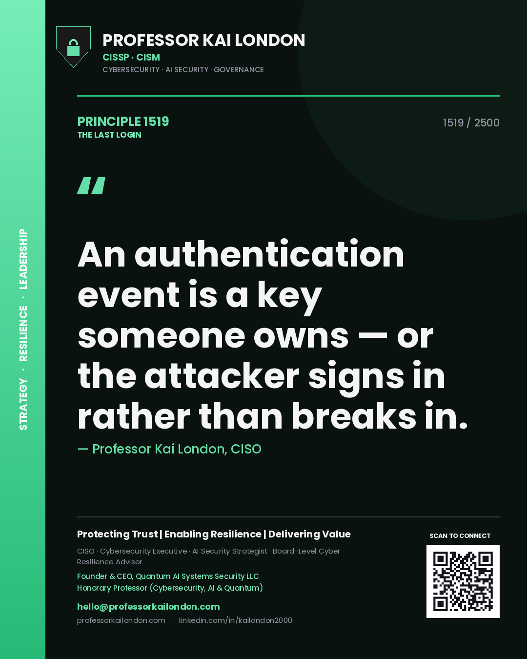 Professor Kai London principle 1519: An authentication event is a key someone owns — or the attacker signs in rather than breaks in.