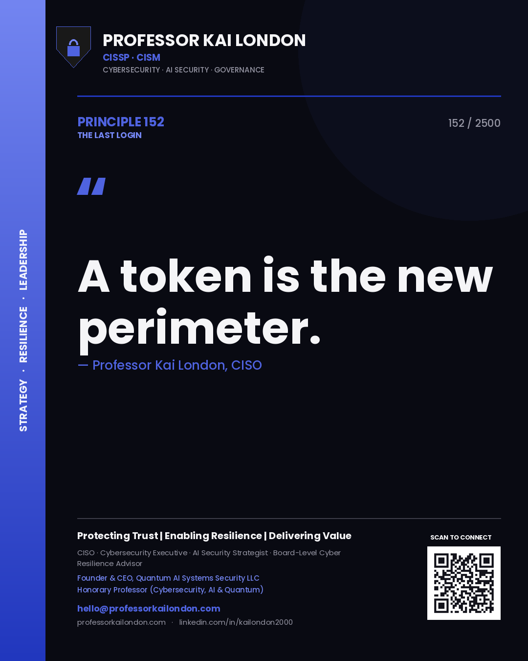 Quote card by Professor Kai London reading 'A token is the new perimeter.'. From the book The Last Login.